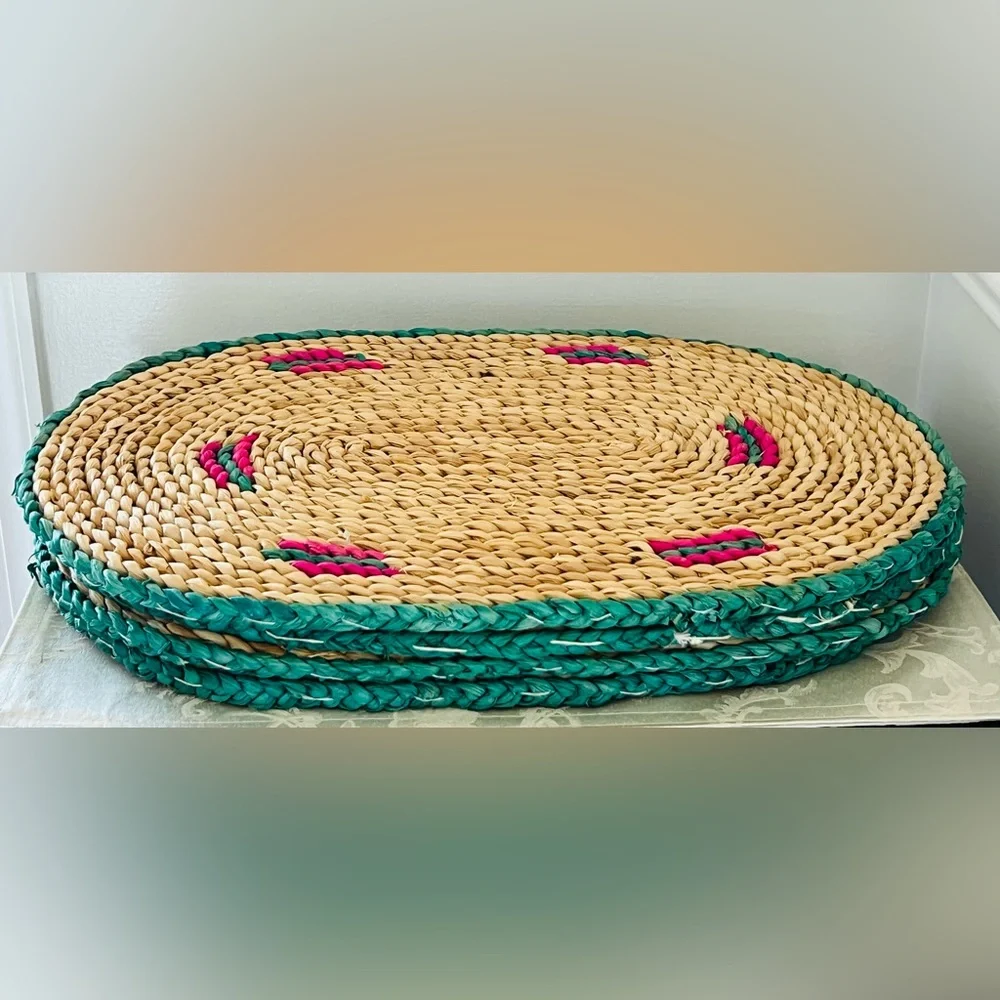 Vintage Handwoven Wicker Paper Plate Holders & Watermelon Placemats Set of 8